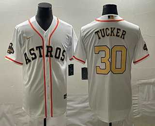 Mens Houston Astros #30 Kyle Tucker 2023 White Gold World Serise Champions Patch Cool Base Stitched Jersey->houston astros->MLB Jersey